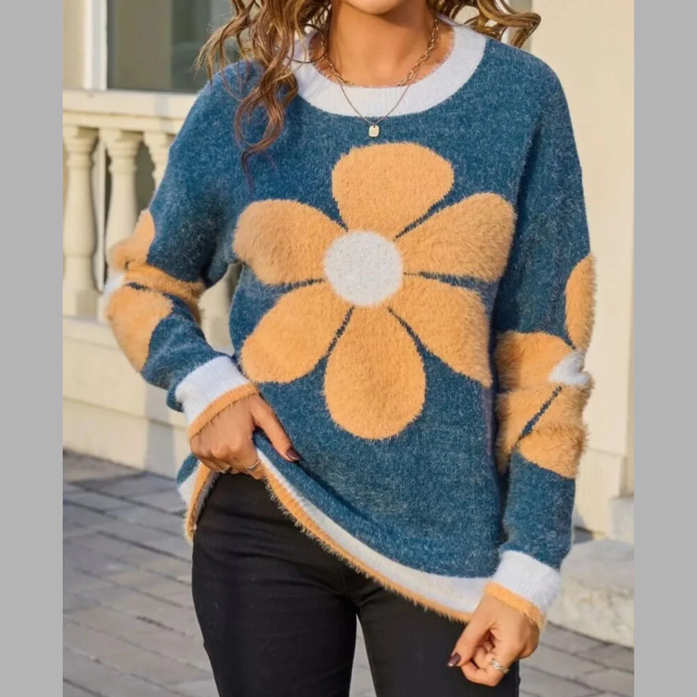 Flower Round Neck Sweater - ZKZOOK