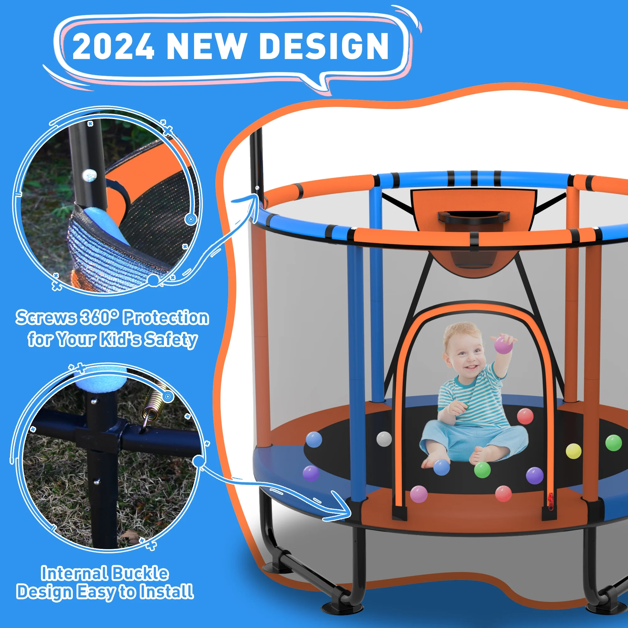CITYLE Trampoline for Kids 600LBS 60'' 5FT Toddler Trampoline Indoor Outdoor with Basketball Hoop, Swing, Adjustable Bar, Mini Small Trampoline with Enclosure, Gifts for Toddlers, Boys & Girls - Image 54