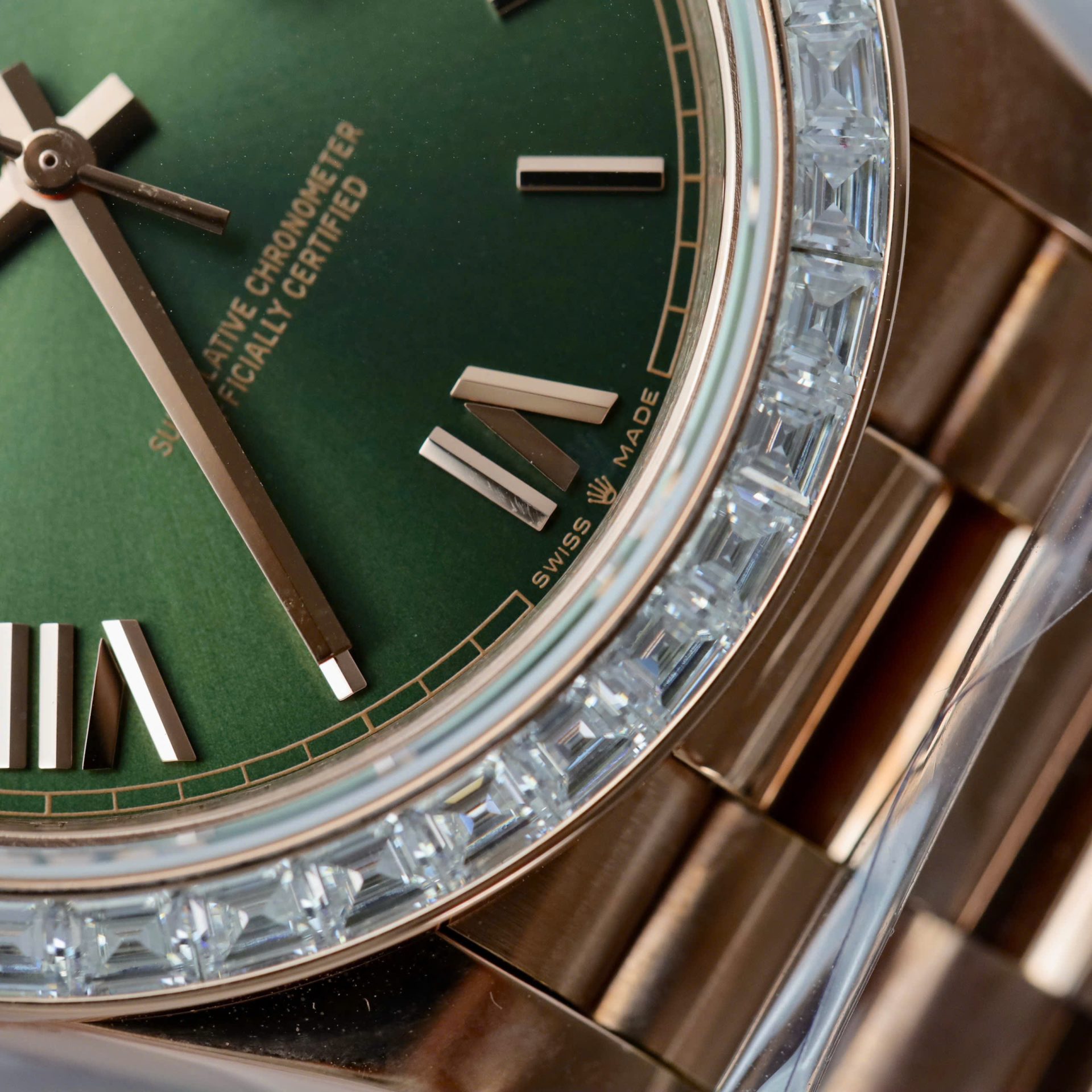Rolex Day-Date Geen Dial Copies Watches Gold Wrapped + Diamonds Moissanite Baguette 40mm - Elite Watch Atelier