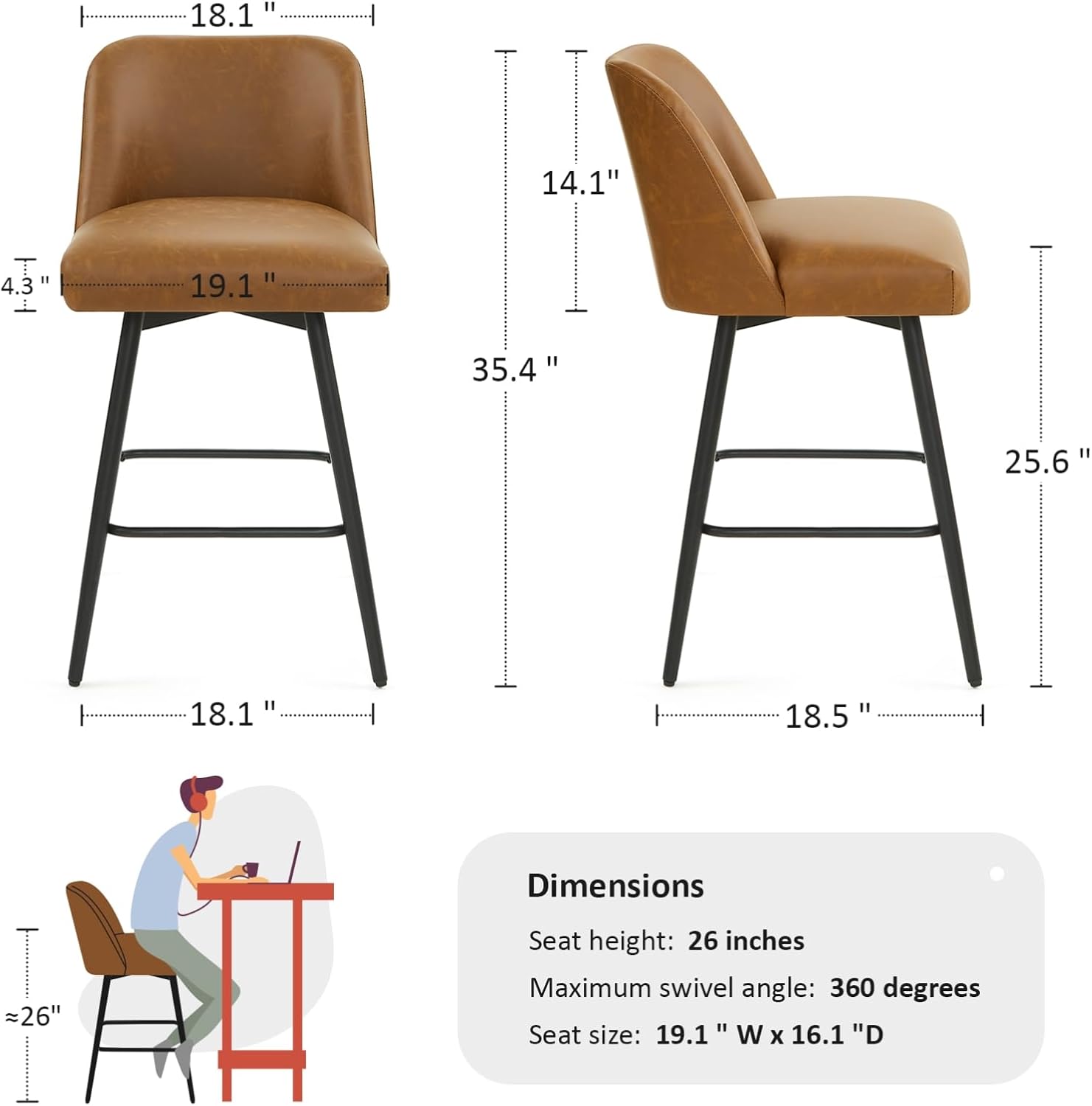 Counter Height Bar Stools Set of 4,360° Swivel Faux Leather Barstools with High Back 26