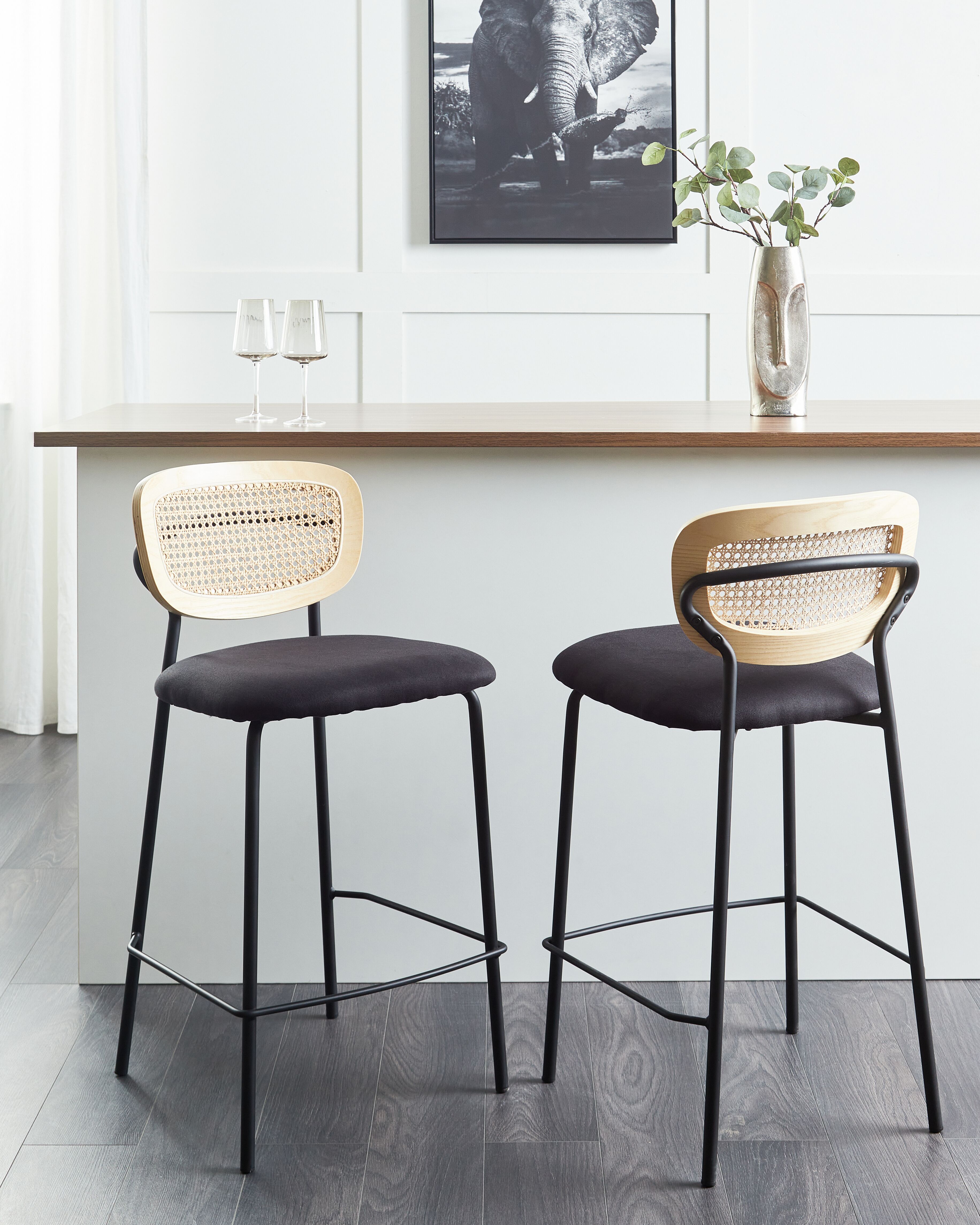 Set of 2 Bar Chairs MAYETTA Rattan Black