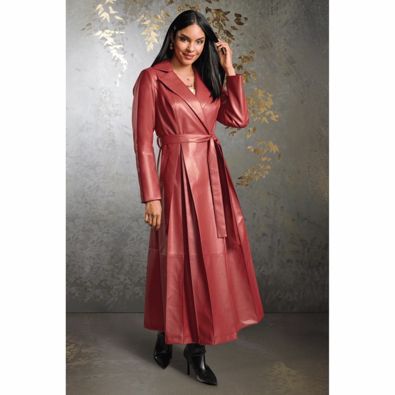 Leah Faux-Leather Women's Full-Length Trench Coat with Belt - MIDNIGHT VELVET CATALOG