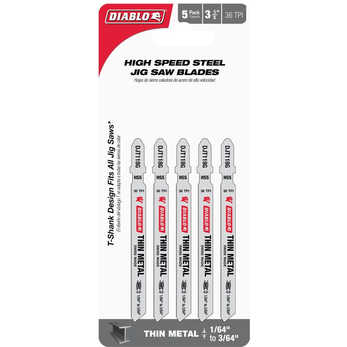 Diablo T-Shank 3-5/8 In. x 36 TPI High Speed Steel Jig Saw Blade for Thin Metal (5-Pack)
