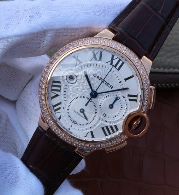 Replica Cartier Ballon Bleu De Cartier Chrono RG White Dial Diamonds Bezel A8101 - Elite Watch Atelier