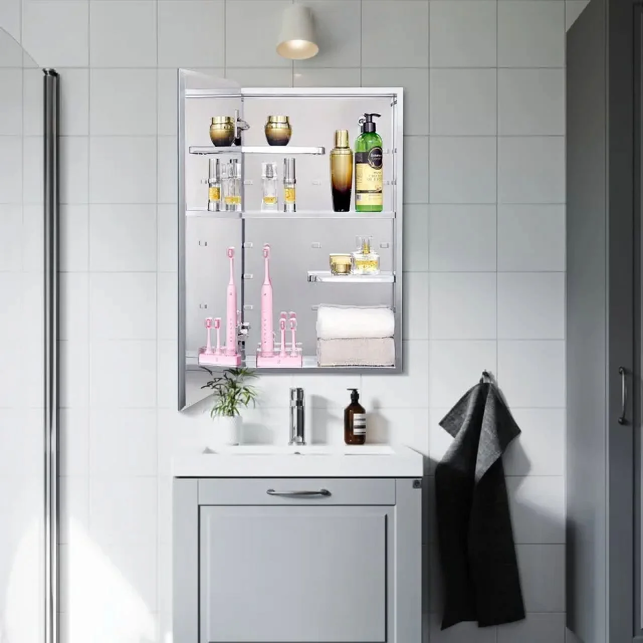 Fundin Stainless Steel Medicine Cabinet, Bathroom Mirror Cabinet, with unique half-shelves, Recess and Surface mount, 14.8 x 25.5 inch