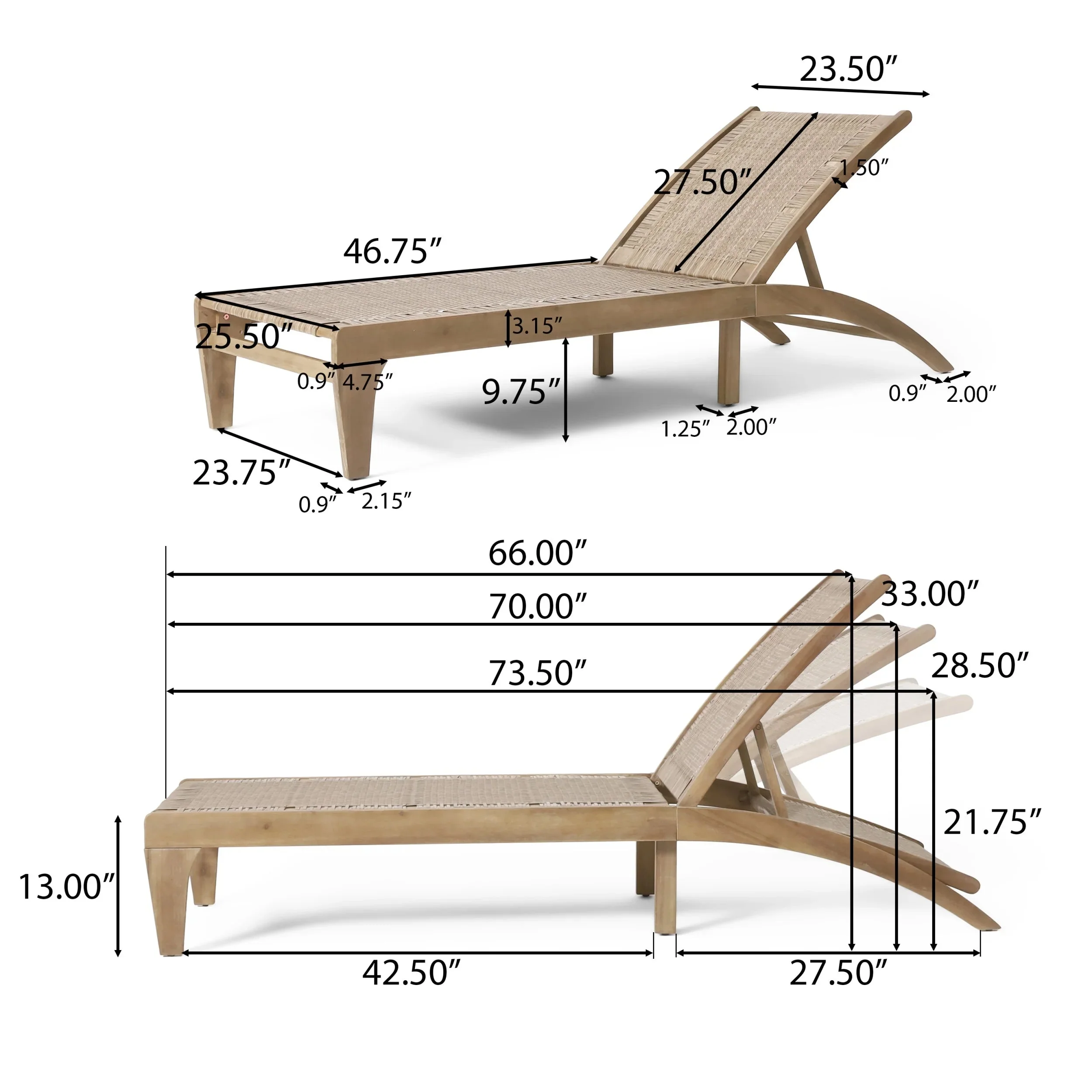 Outdoor Chaise Lounge, Single, Acacia Wood and Faux Rattan, Light Brown and Light Multibrown, 77.00 x 25.50 x 33.00 Inches - Shane - Image 5 Outdoor Chaise Lounge, Single, Acacia Wood and Faux Rattan, Light Brown and Light Multibrown, 77.00 x 25.50 x 33.00 Inches - Shane - Image 5