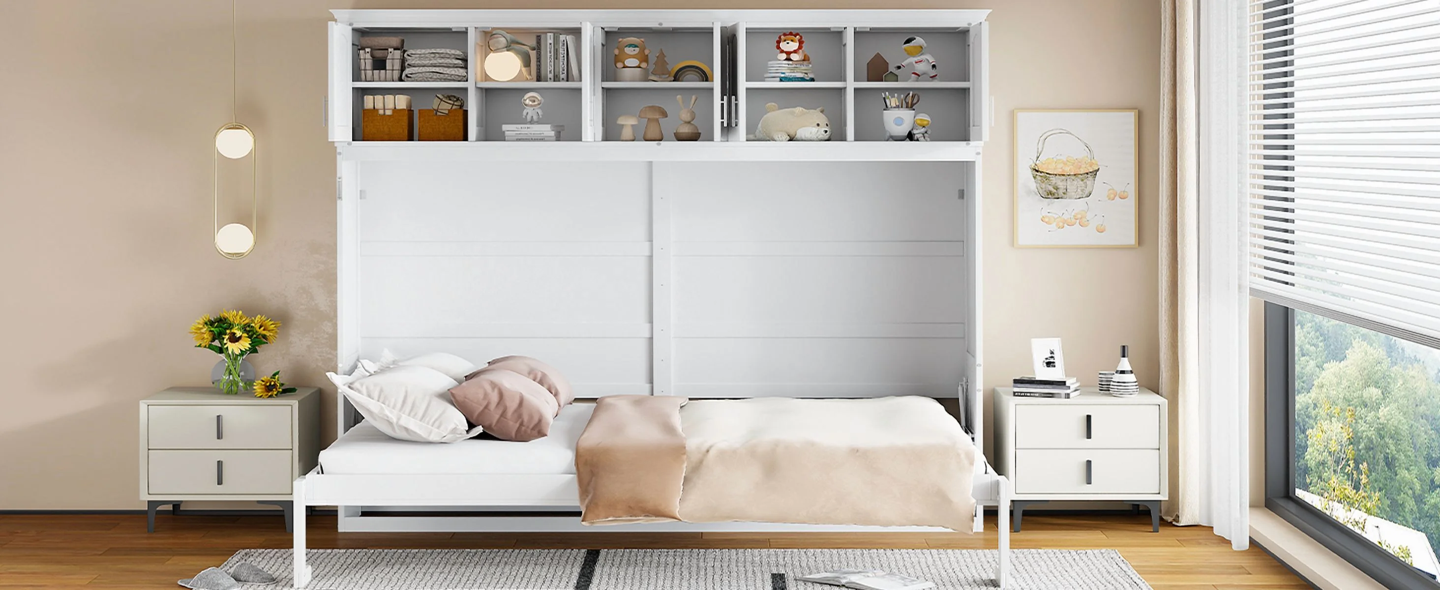 Newest Queen Size Murphy Bed Wall Bed with Top Cabinets,Gray - Image 11