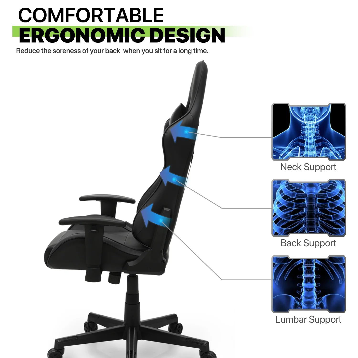 Magshion Ergonomic Gaming Chair, Comfortable Gaming Chair, Computer Chair Leather Desk Chair Adjustable Swivel Gaming Office Chair, Blue - Image 78