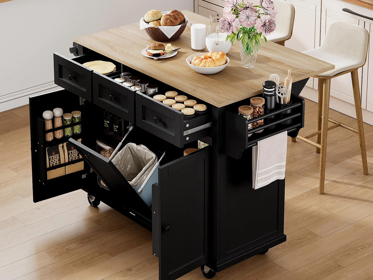 Ilot central de cuisine mobile 126x46.8x94.2cm - avec roulettes - 3 tiroirs et 3 portes - plateau extensible - avec porte-serviettes - noir