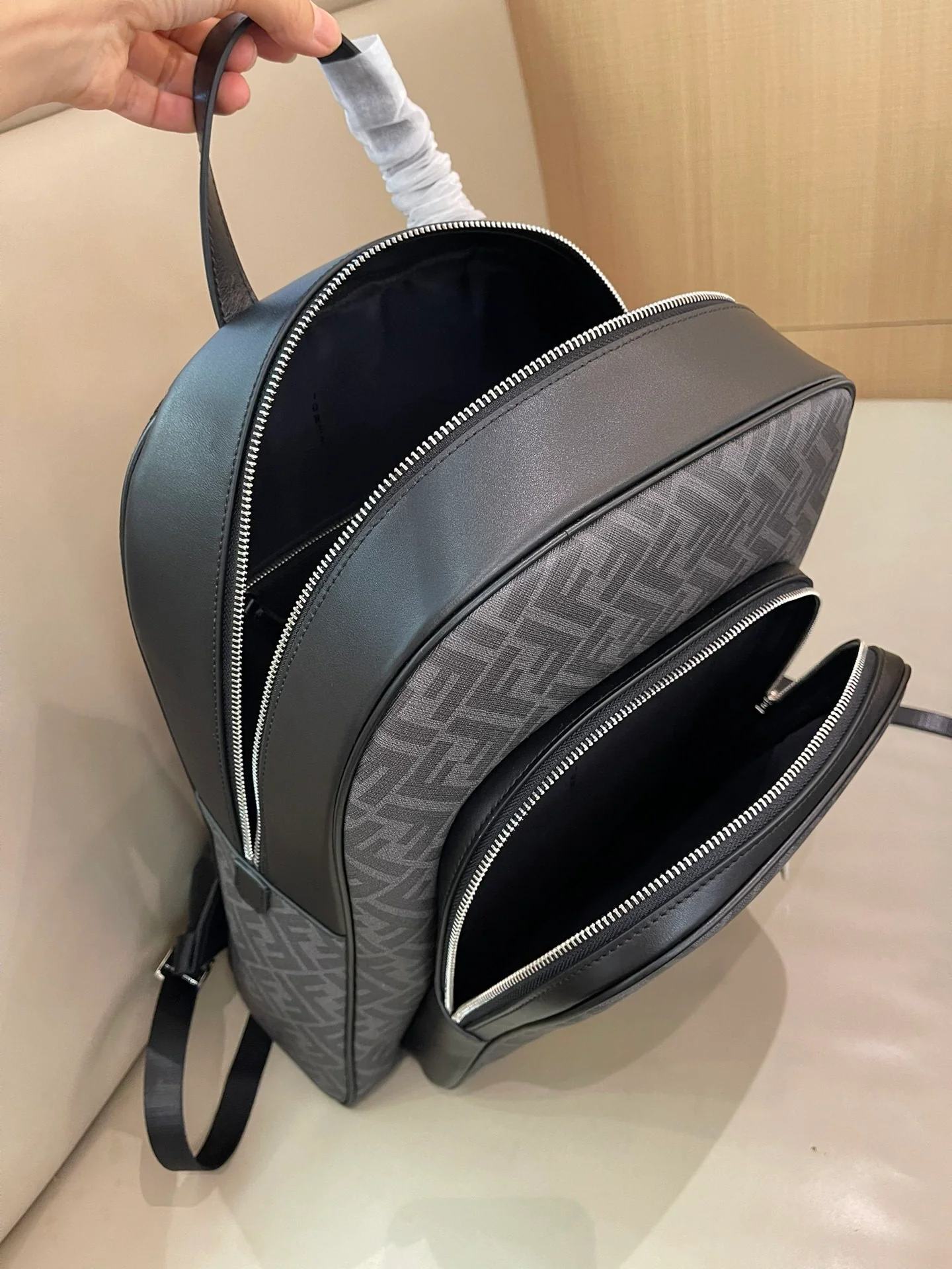 Trendy Fendi Backpack With Signature FF Pattern And Contrasting Yellow Accent 7VZ074 - Replicaclubs