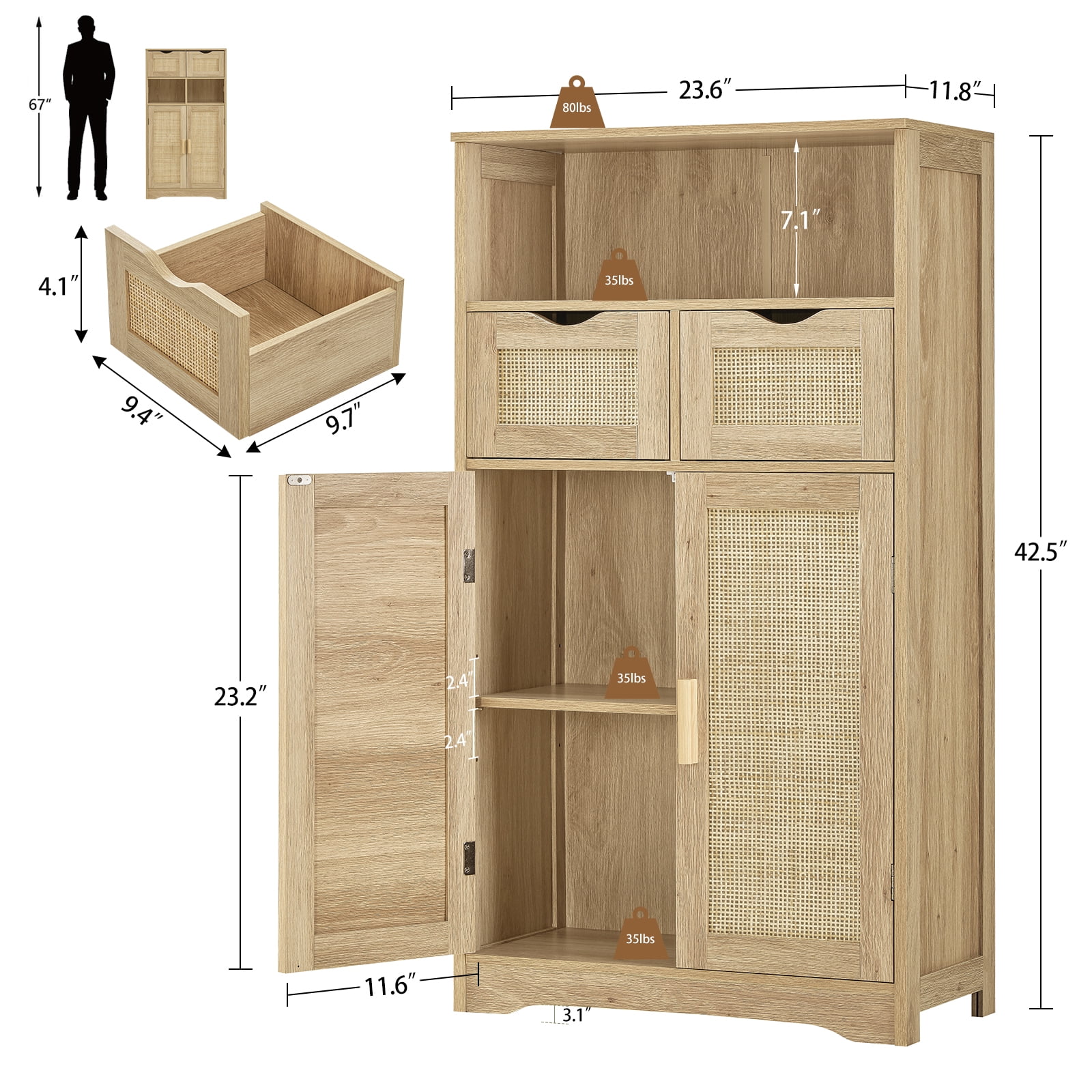 FANGSUM Rattan Storage Cabinet with 2 Drawers & 2 Shelves, Floor Cabinet for Living Room - Image 2