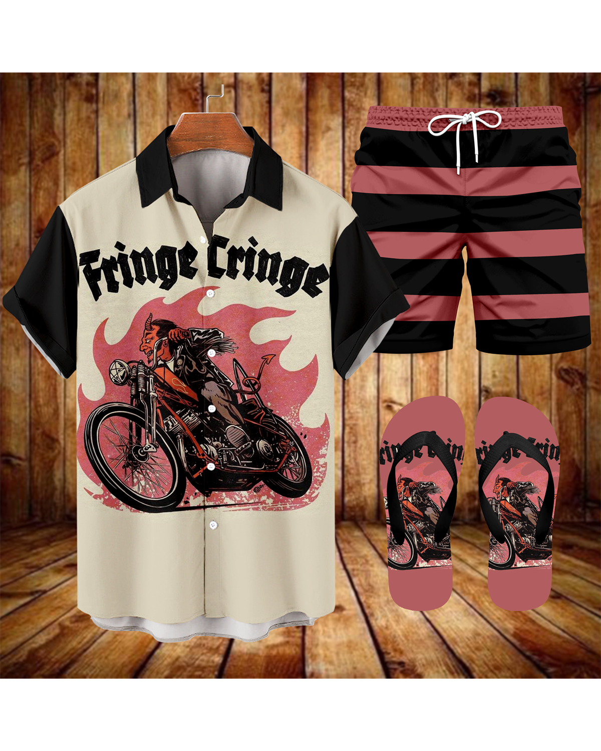 Suitmens Men's Modified Motorcycle Print Shirt Three-Piece Set 069