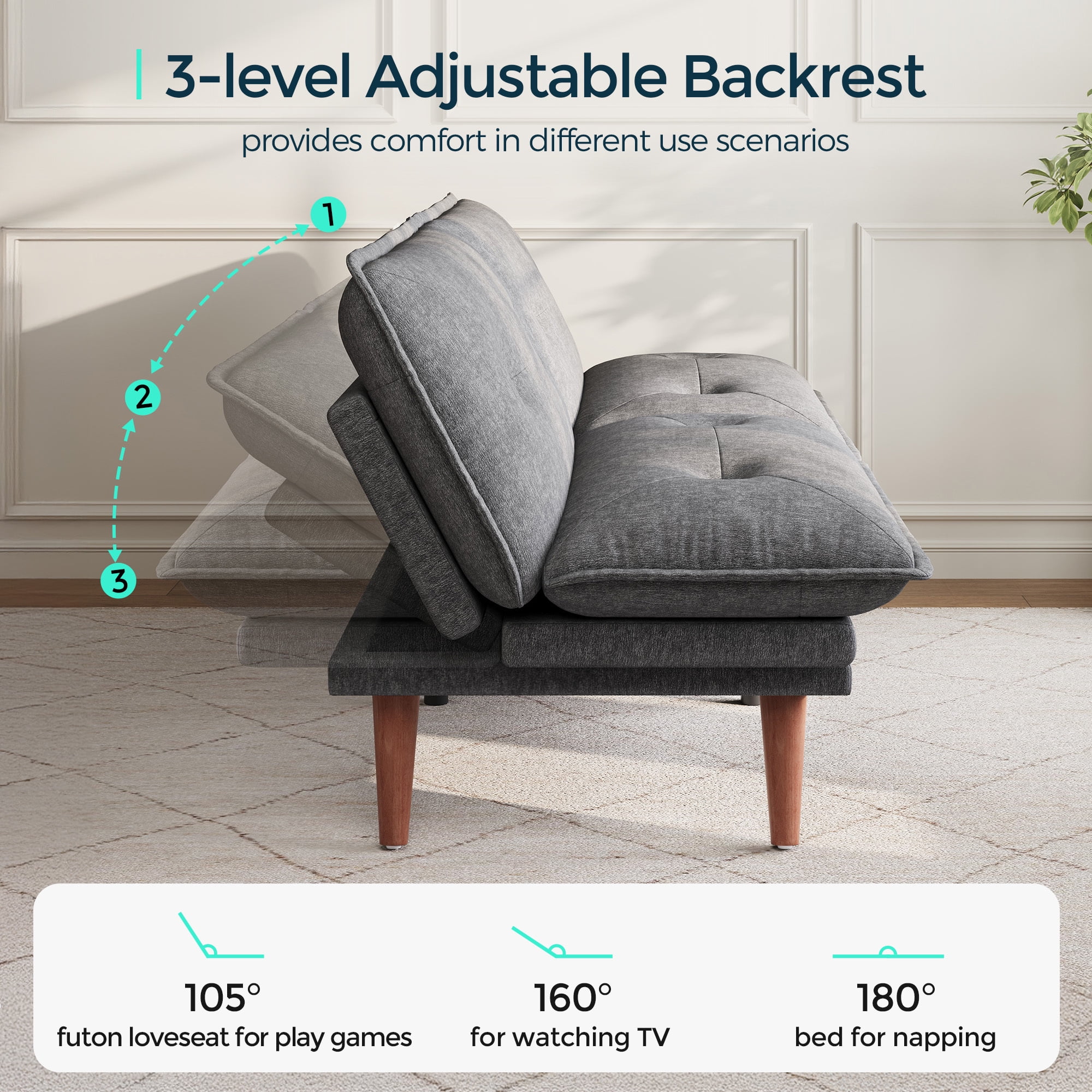 Linsy Home 70" W Chenille Convertible Futon Sofa Bed with Adjustable Armrests, Green - Image 34