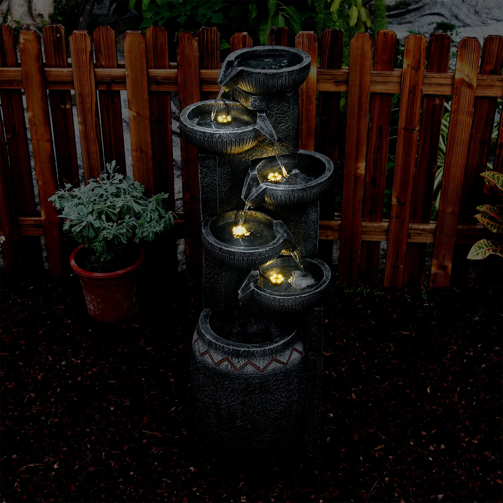 35.83''H Outdoor Indoor Garden Water Fountain 6-Tiers Modern Floor Standing Water Feature Waterfall Fountains with LED Lights for Yard Porch Deck Patio Home Decor