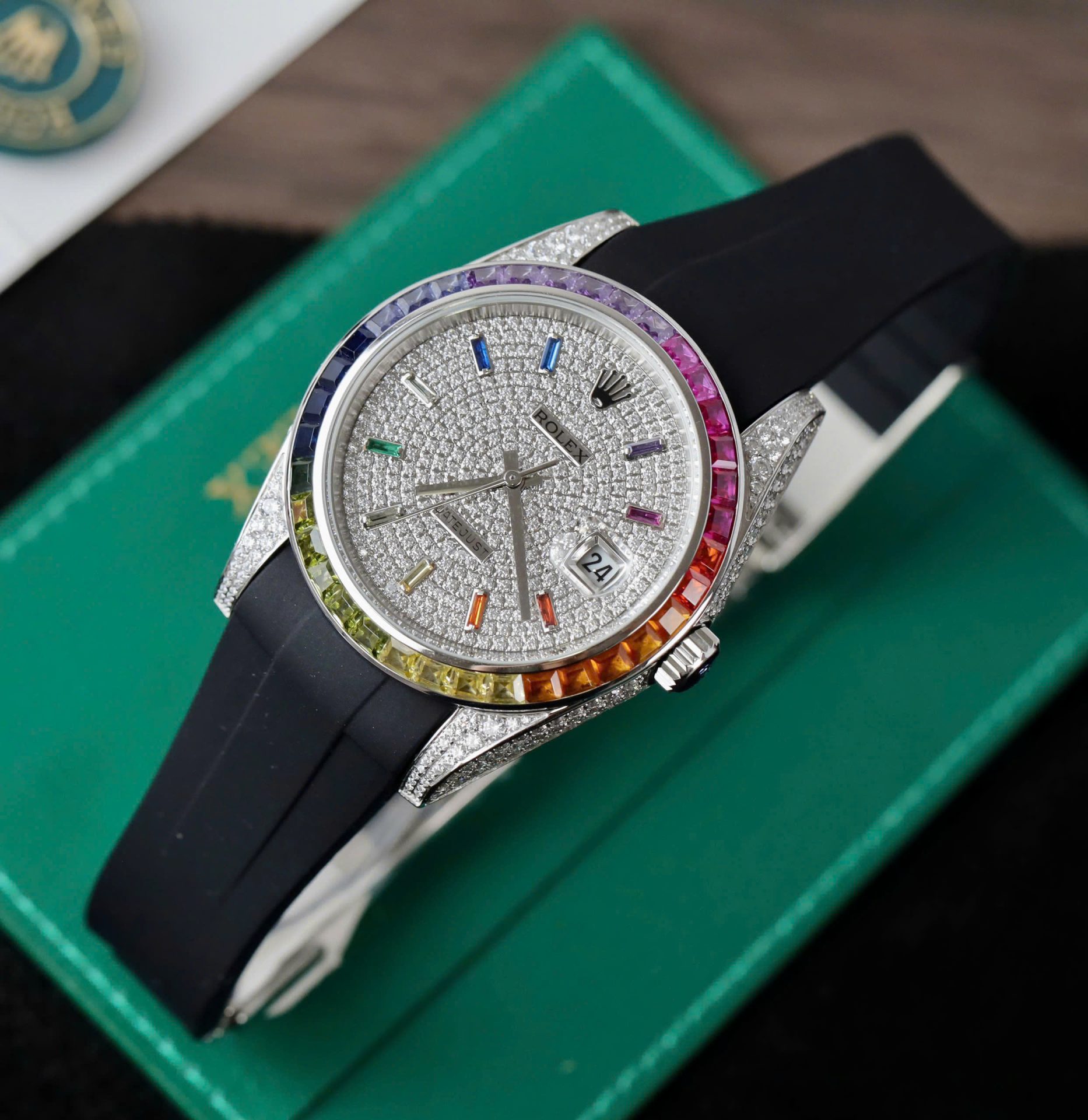 Rolex DateJust Rainbow Fake Watch Rubber Strap 41mm - Elite Watch Atelier