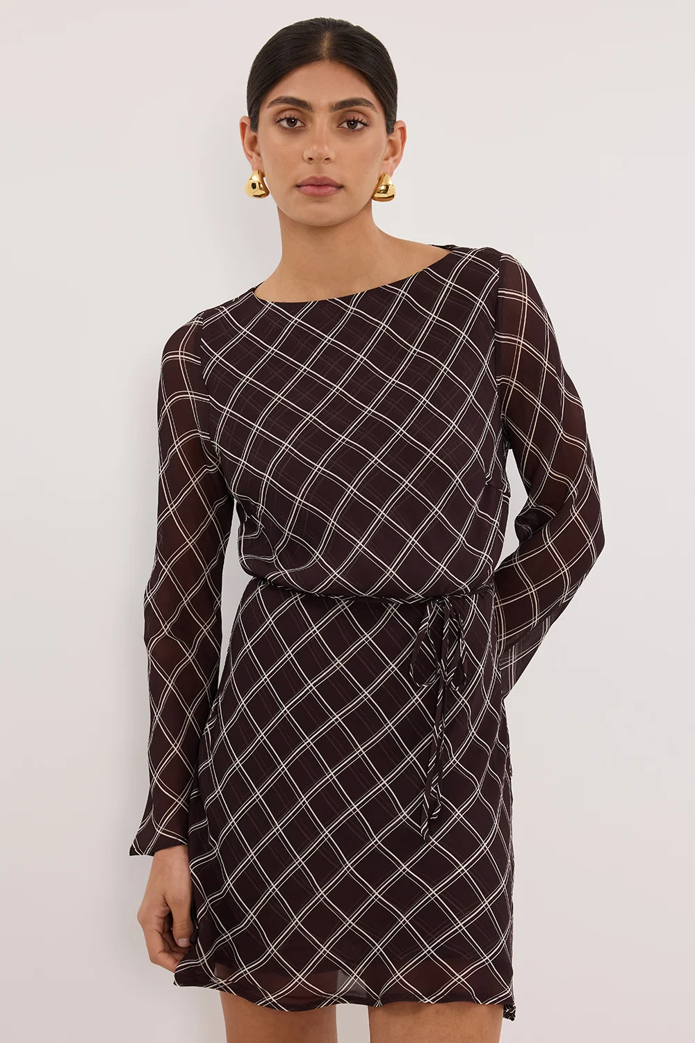 ARLINGTON CHOC LONG SLEEVE BOAT NECK MINI DRESS