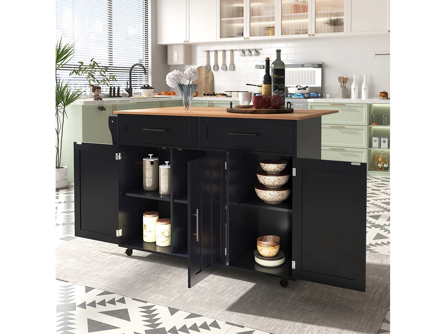 Îlot central mobile avec plateau rabattable, 3 portes et 2 tiroirs de rangement - Noir