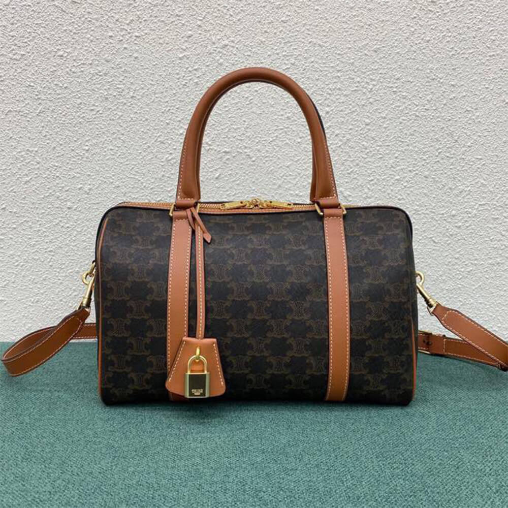 Celine Large Boston Bag in Triomphe Canvas and calfskin