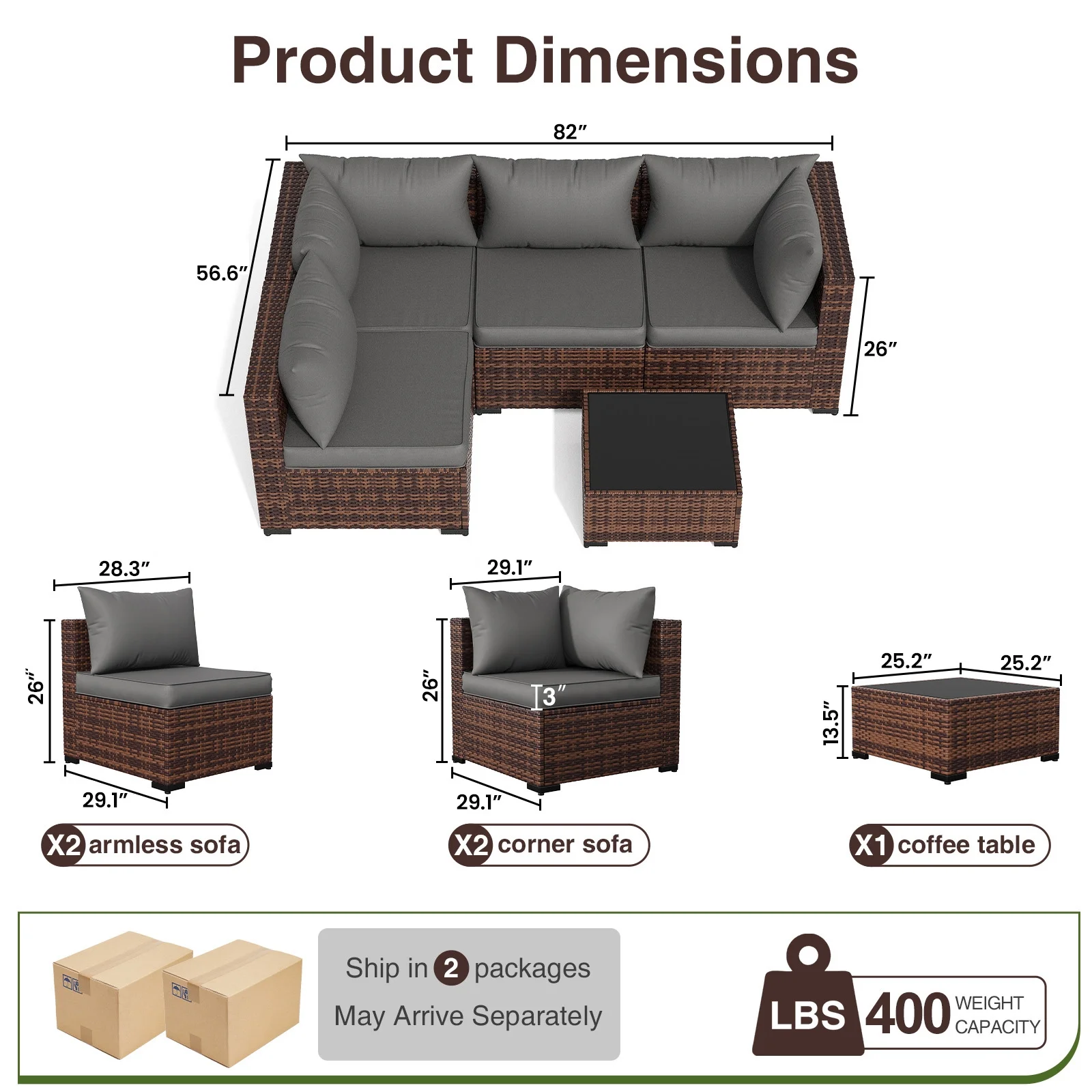 ELPOSUN Patio Furniture Set, Outdoor Patio Furniture Wicker Furniture Couch Set, 5 Pieces Outdoor Sectional Sofa, Patio Furniture Set, Outdoor Patio Set for Balcony Furniture (Grey) - Image 9