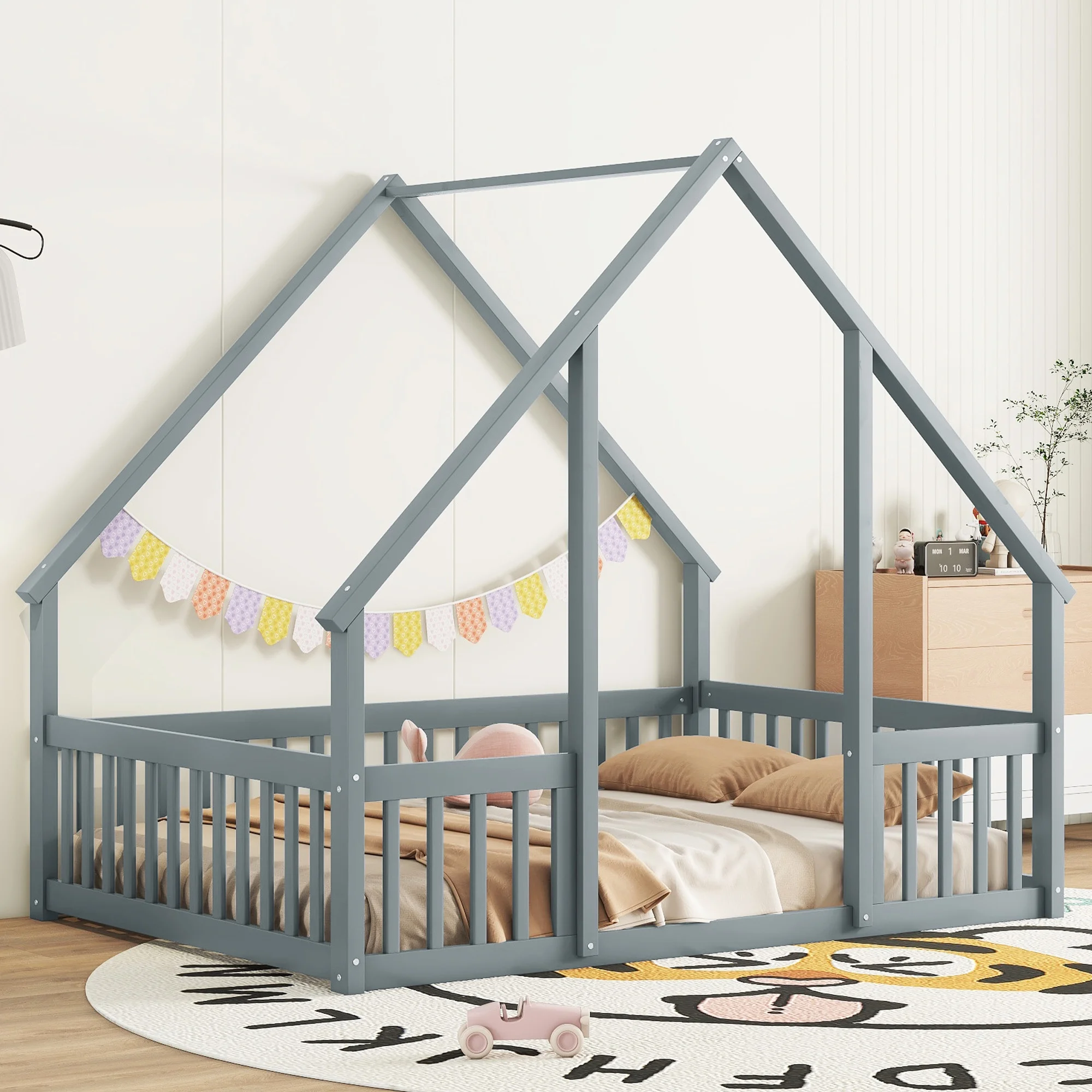 Bellemave Twin Size Floor Bed Frame, Wooden House Bed Twin Size with Fence, Montessori Bed with Guardrails for Bedroom (White) - Image 22