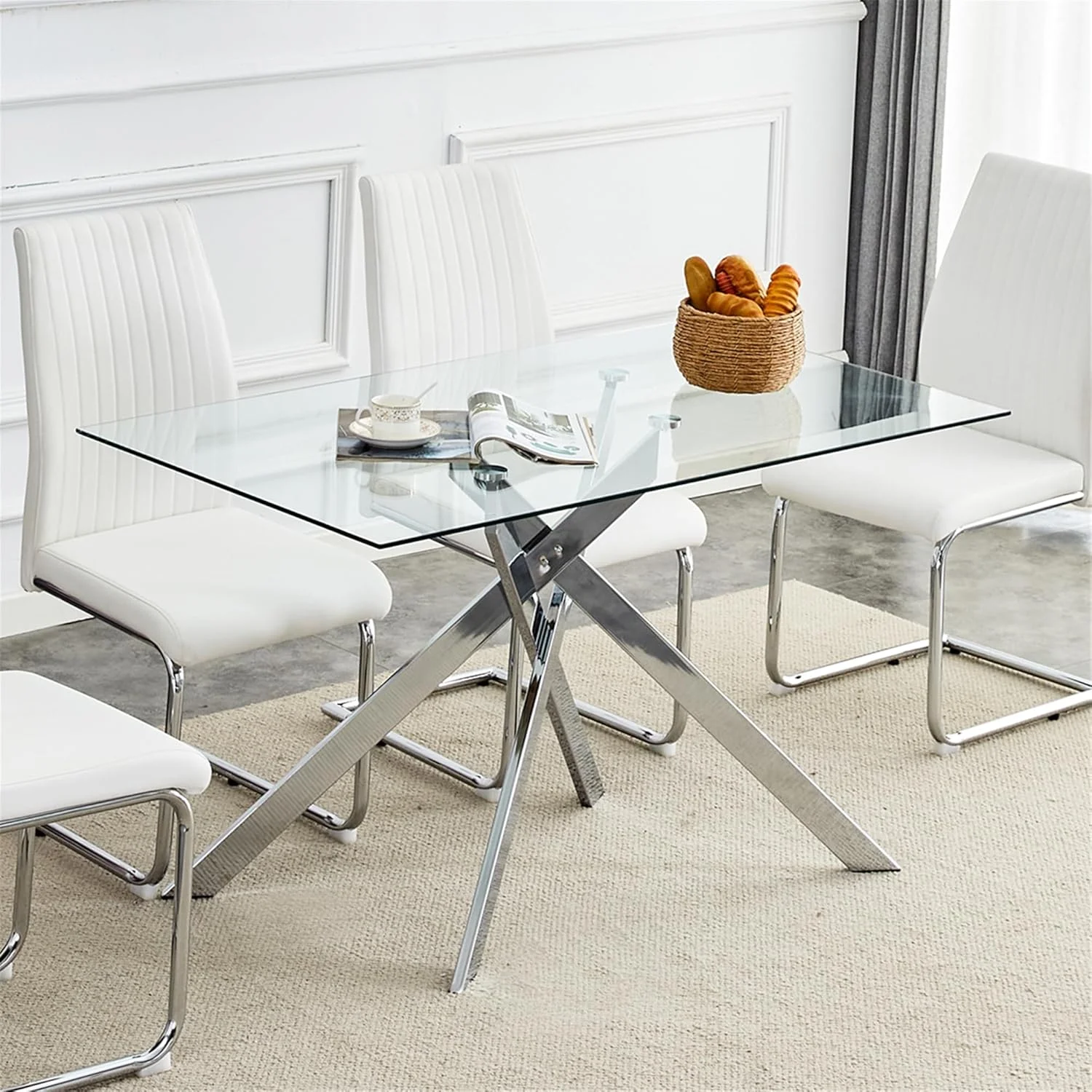 SSYBAB Glass Dining Table for 4 People, 51.2 Inches Rectangular Glass Kitchen Table with Silver Steel Legs, Modern Dining Room Table for Dinner Kitchen Dining Room