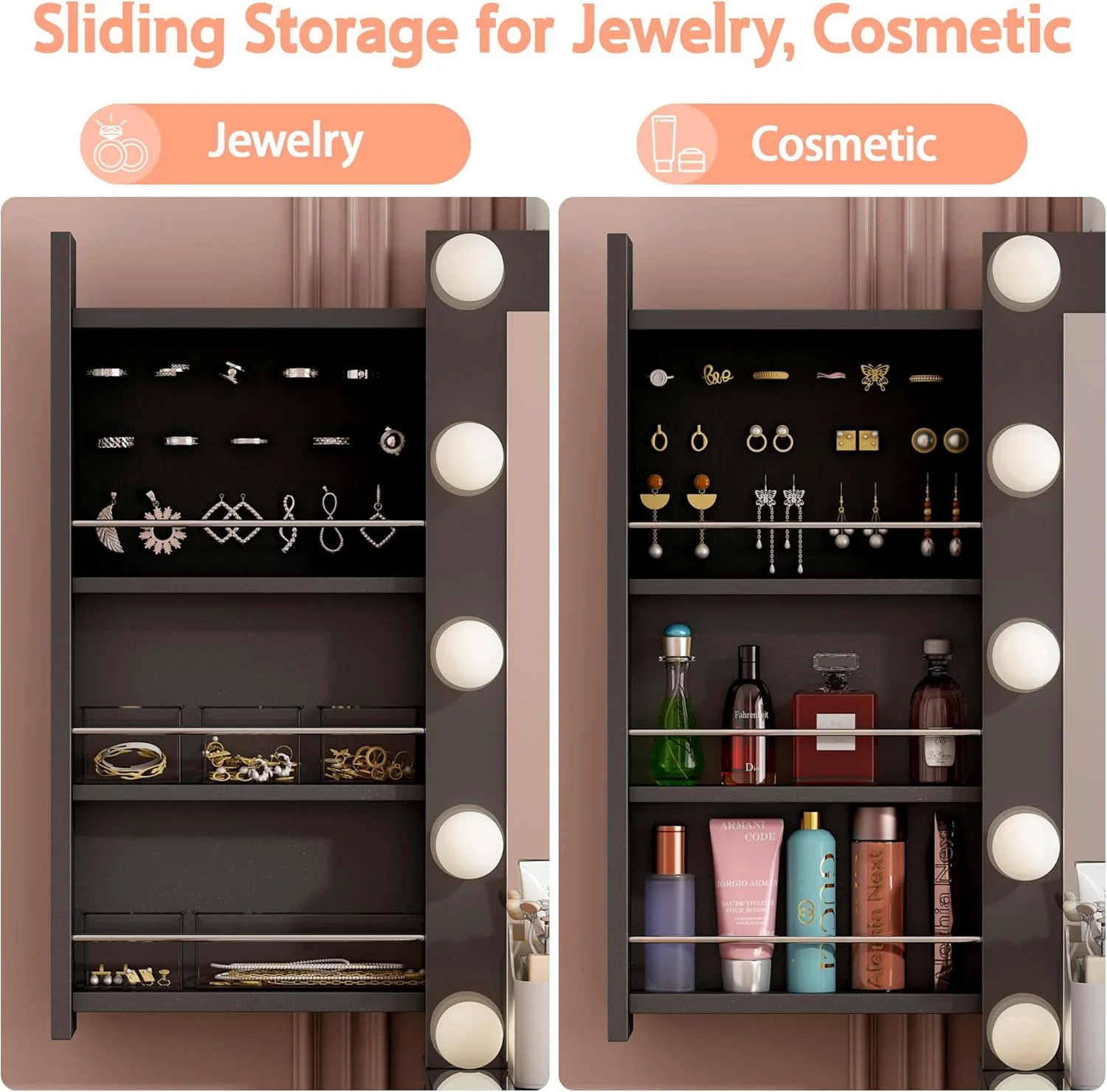 Vanity Desk with Power Outlet, Makeup Vanity with Mirror and 14 LED Light, 3 Lighting Modes,11 Drawer Vanity Table with Sliding Jewelry Storage, Glass Top, Specular Surface - Image 11