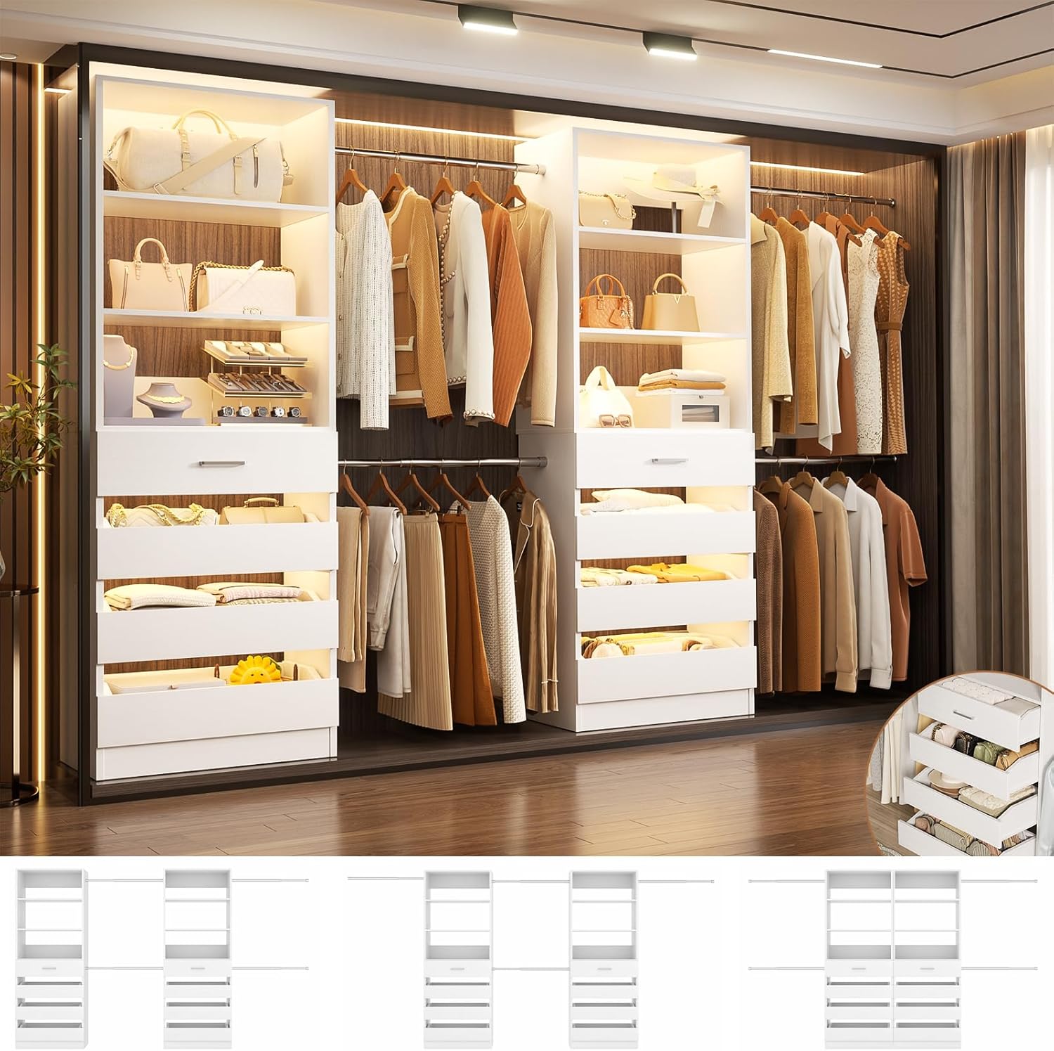 Aheaplus Closet System, 6-15Ft Closet Organizer with 8 Wooden Drawers, Wood Closet Organizer System with Tower, Walk-in Closet Organizer Wardrobe Clothes Rack with 4 Hanging Rods, Garment Rack, White