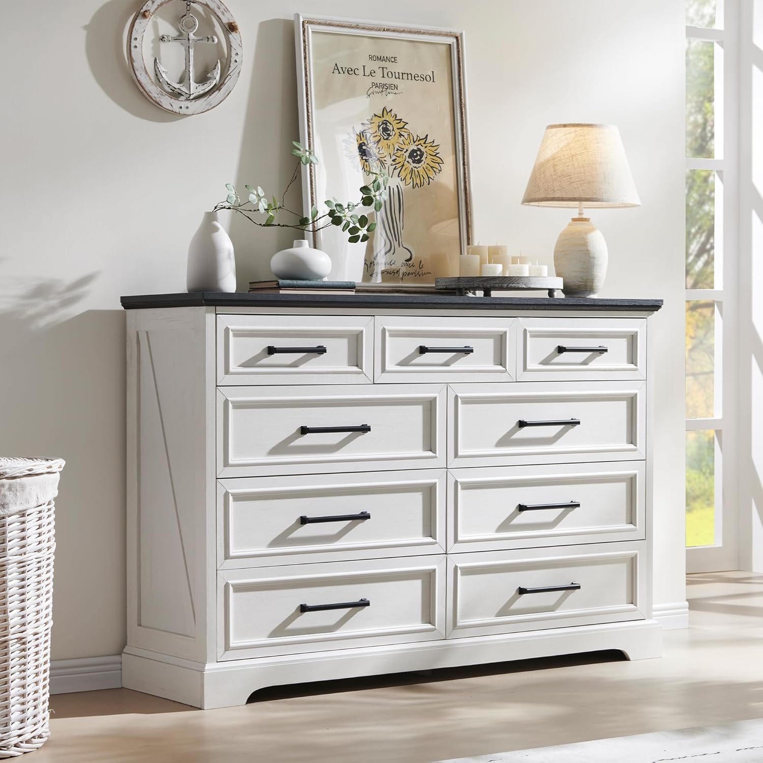 ACCOHOHO Farmhouse 9 Drawer Dresser for Bedroom, 36 Inch Tall Modern Dresser TV Stand with Large Drawers & Bar Handles, Rustic Wood Chest of Drawers for Bedroom, Living Room, Hallway, Off White