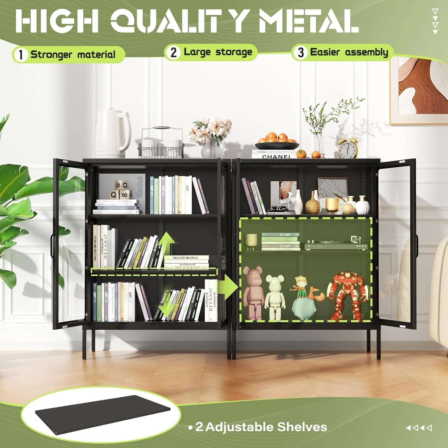 SUNCROWN Metal Storage Cabinet, Curio Display Cabinet with 2 Glass Display Door and 4 Shelves, Side Storage Organize, Modern Bookshelf Cabinet for livingroom, Bedroom, Kitchen, Black - Image 23