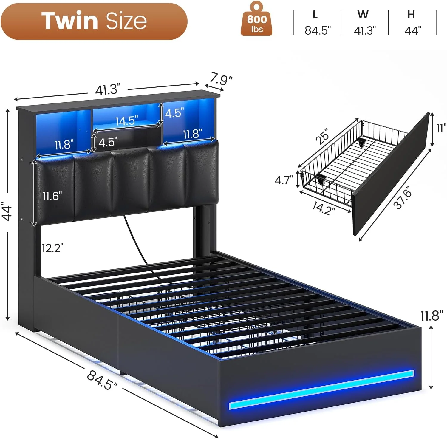 AOGLLATI Upholstered Platform Twin Bed with 4 Storage Drawers & Charging Station & LED Lights, Black - Image 7