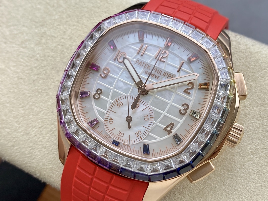 Fake Patek Philippe Replica Watch Aquanaut Luce Rainbow Chronograph Rose Gold Diamond/Gems Mother of Pearl Sapphire 7968/300R-001(1:1 replica) - Top club
