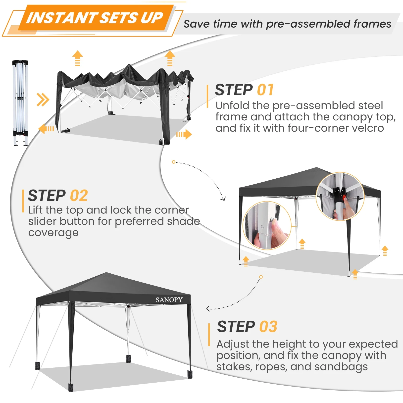 SANOPY 10'x10' EZ Pop Up Canopy Tent Outdoor Party Instant Shelter Portable Folding Beach Canopy with 4 Sandbag & Carrying Bag, Black - Image 11