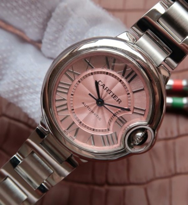 Replica Cartier Ballon Bleu 33mm SS Pink Textured Dial SS Bracelet SEIKO NH05A - Elite Watch Atelier