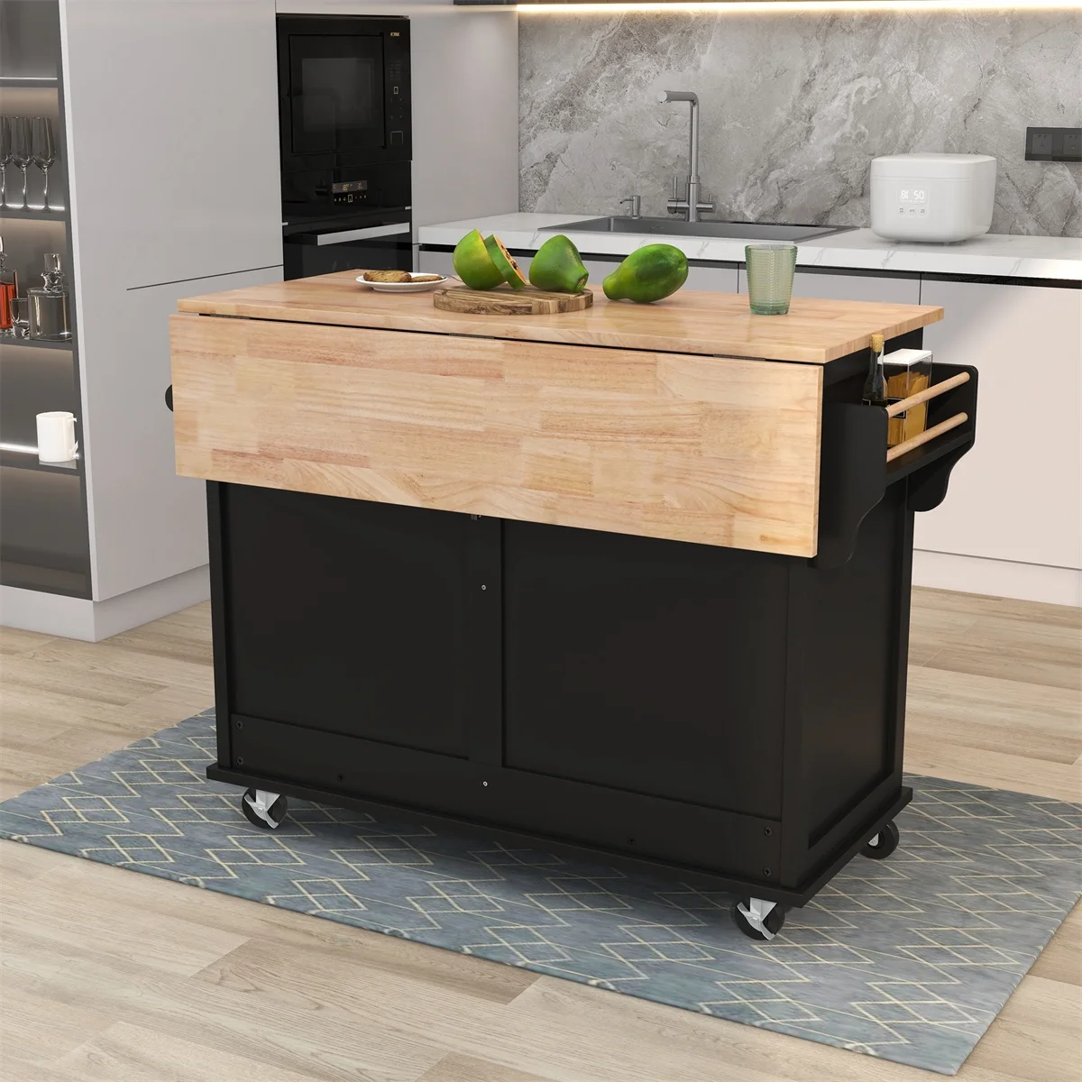 Kitchen Cart on 4 Wheels, Rolling Mobile Kitchen Island with Rubber Wood Drop-Leaf Counter Top & Concealed Sliding Barn Door, Adjustable Height Kitchen Cart with Storage Cabinet & 2 Drawers, Black