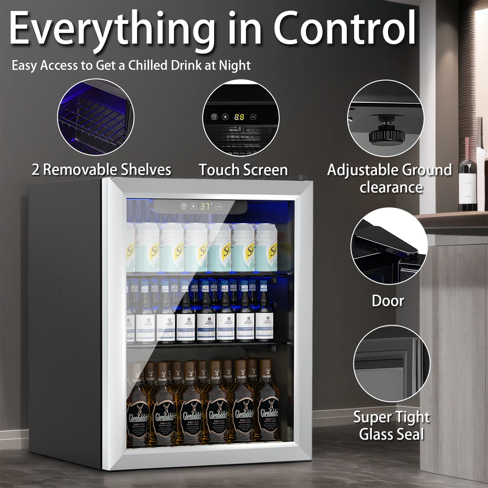 Compact 76 Can/1.7 Cubic Foot Beverage Fridge With Glass Door For Soda, Beer Or Wine, Under Counter Drinks Dispenser