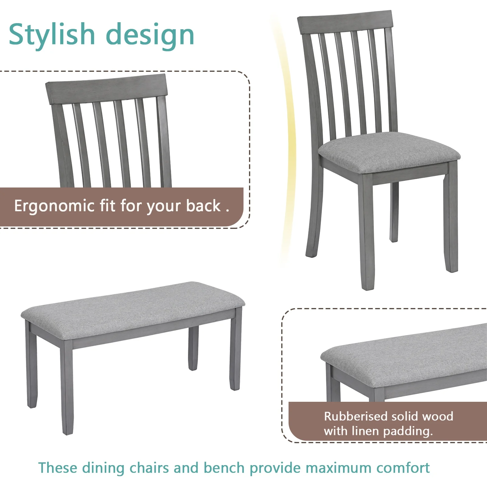 Dining Room Set, LEGAHOME 6 Piece Dining Sets with Bench and Chairs, Solid Wood Kitchen Dining Table Set for 6 with Upholstered Chairs, Gray - Image 22