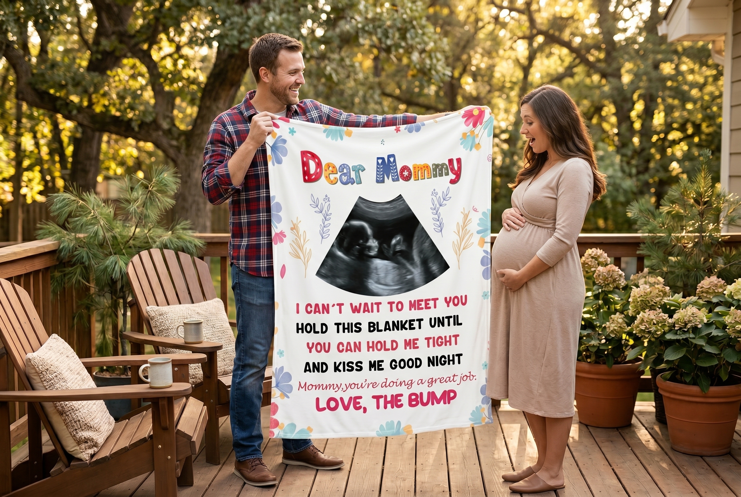 Personalized baby ultrasound blanket gift for expecting moms. A husband surprises his pregnant wife with a custom sonogram throw blanket