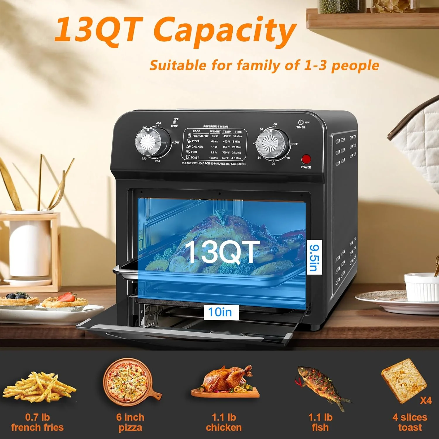 Plum Chef 13QT Air Fryer, 4-Slice Air Fryer Toaster Oven, Space Saving, Visible Window, Oil Free, 1500W, Black