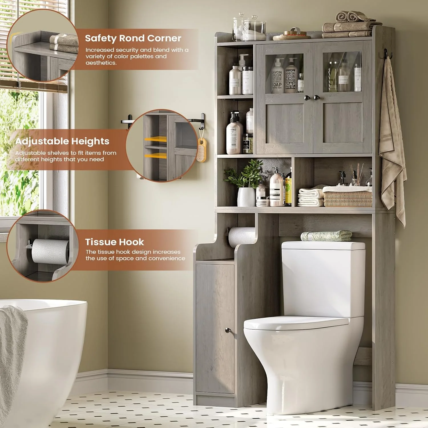 Over The Toilet Storage Cabinet with 3 Doors, Farmhouse Space Saver for Bathroom Organizer with Paper Holder, 10 Shelves and Hooks, 7-Tier Over Washing Machine Cabinet for Laundry, Bathroom, Natural - Image 28