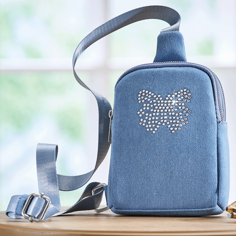 Studded Butterfly Distressed Denim Sling Bag with Adjustable Strap - MIDNIGHT VELVET CATALOG
