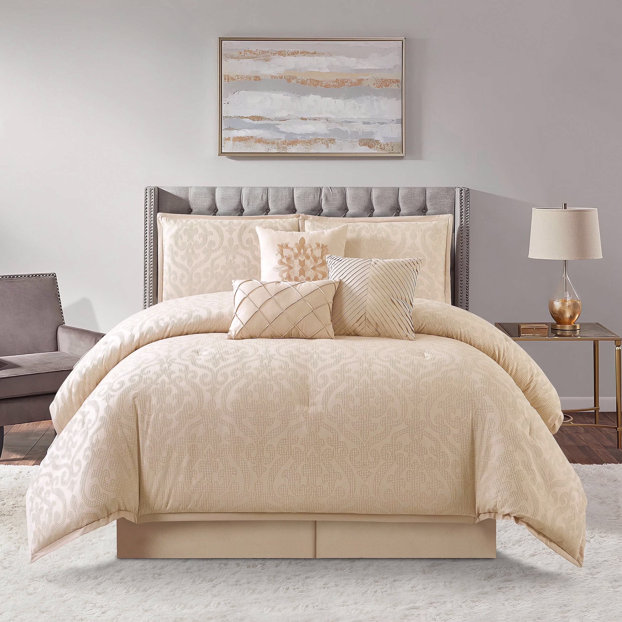 Lanco Smoke Grey Comforter Set California King Size, 9 Piece Jacquard Floral Bedding Set, All Season, Ultra-Soft, Matching Pillows & Shams, Bed Skirt - Image 31