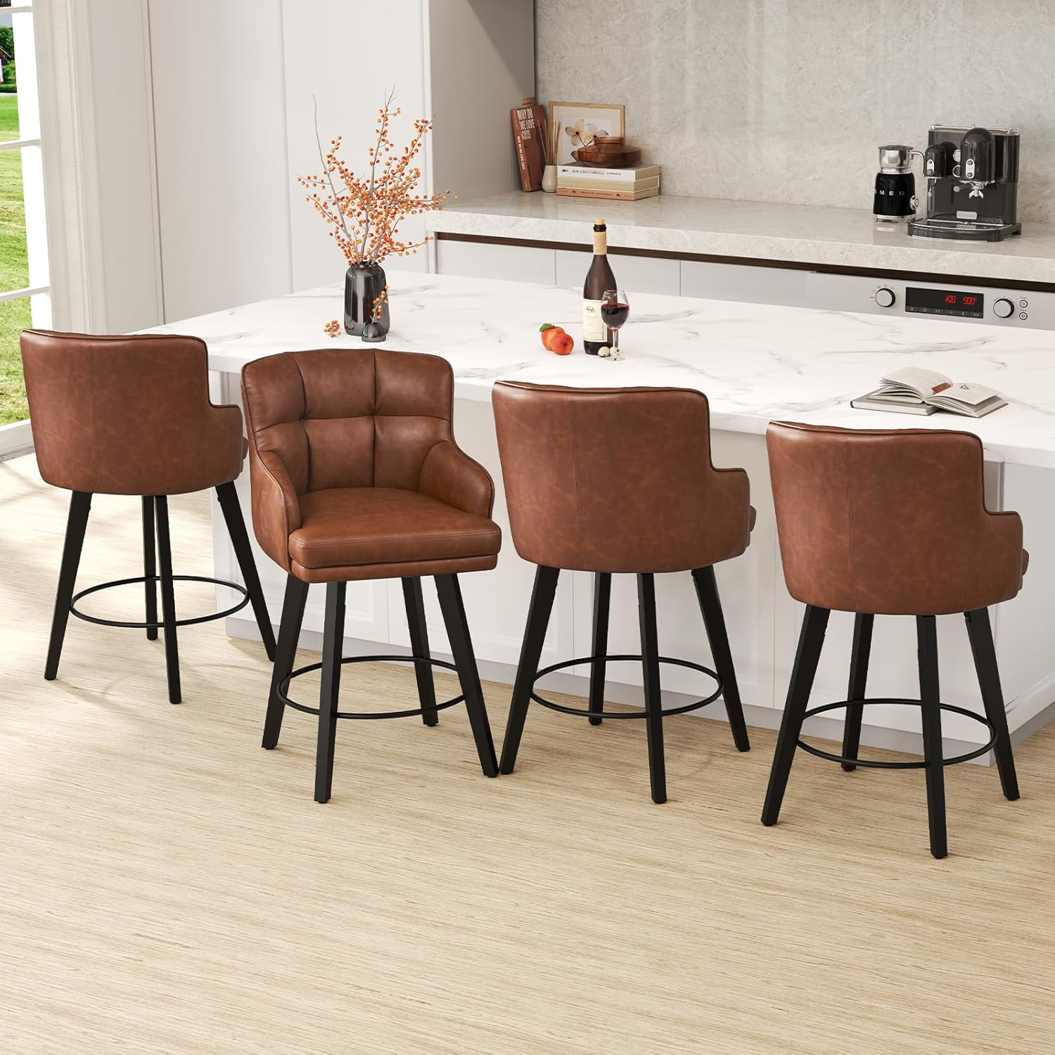360°Swivel Counter Height Bar Stools with Back, 26 inch Solid Wood Legs, Bar Stool Modern Kitchen Island Chairs, Faux Leather (Brown- Faux Leather, 26
