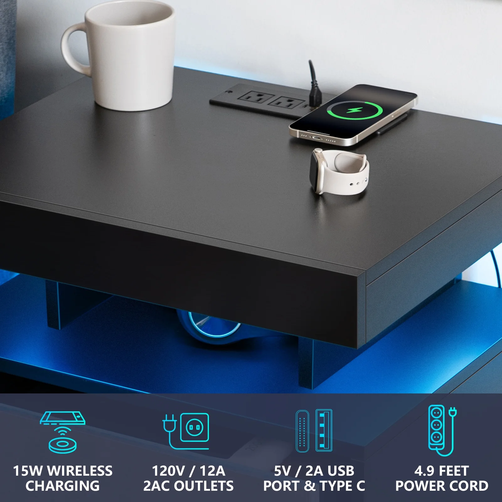 Hommpa LED Nightstand Wireless Charging Station USB Type C Outlets Bedside Table 3 Drawers Black Night Table Modern Smart Nightstand High Gloss End Side Table for Bedroom Furniture 26.8" Tall - Image 29
