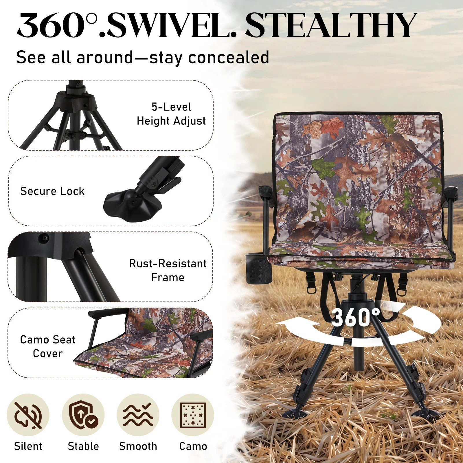 Danrelax 360�� Silent Camo Hunting Blind Chair, Armrests, Side Pouch, Telescopic Legs - Image 4