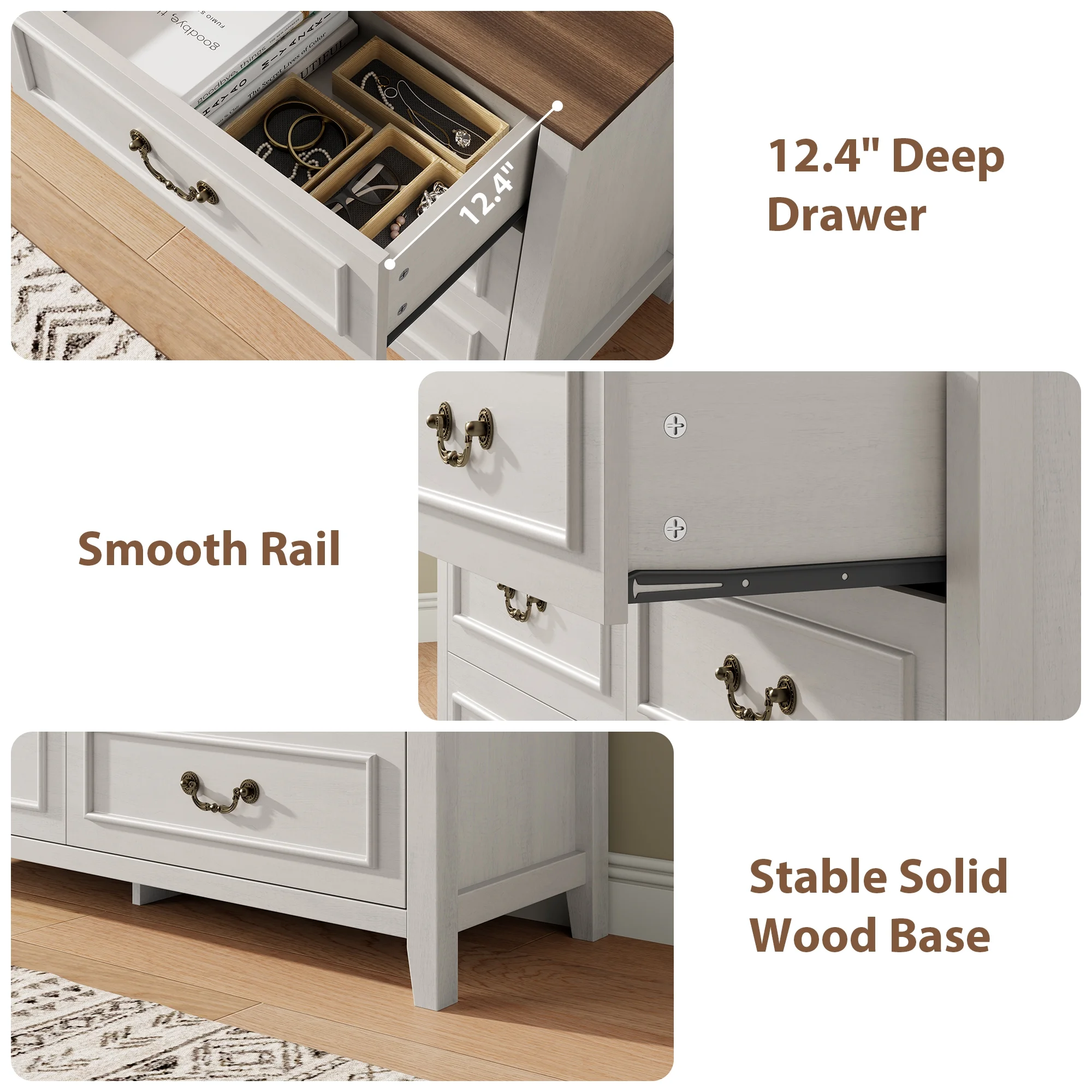 LainTene Dresser for Bedroom, Farmhouse White Dresser with Antique Handles, Vintage 6 Drawers Dresser, Chest of Drawers Storage Cabinet for Living Room, Entryway - Image 3