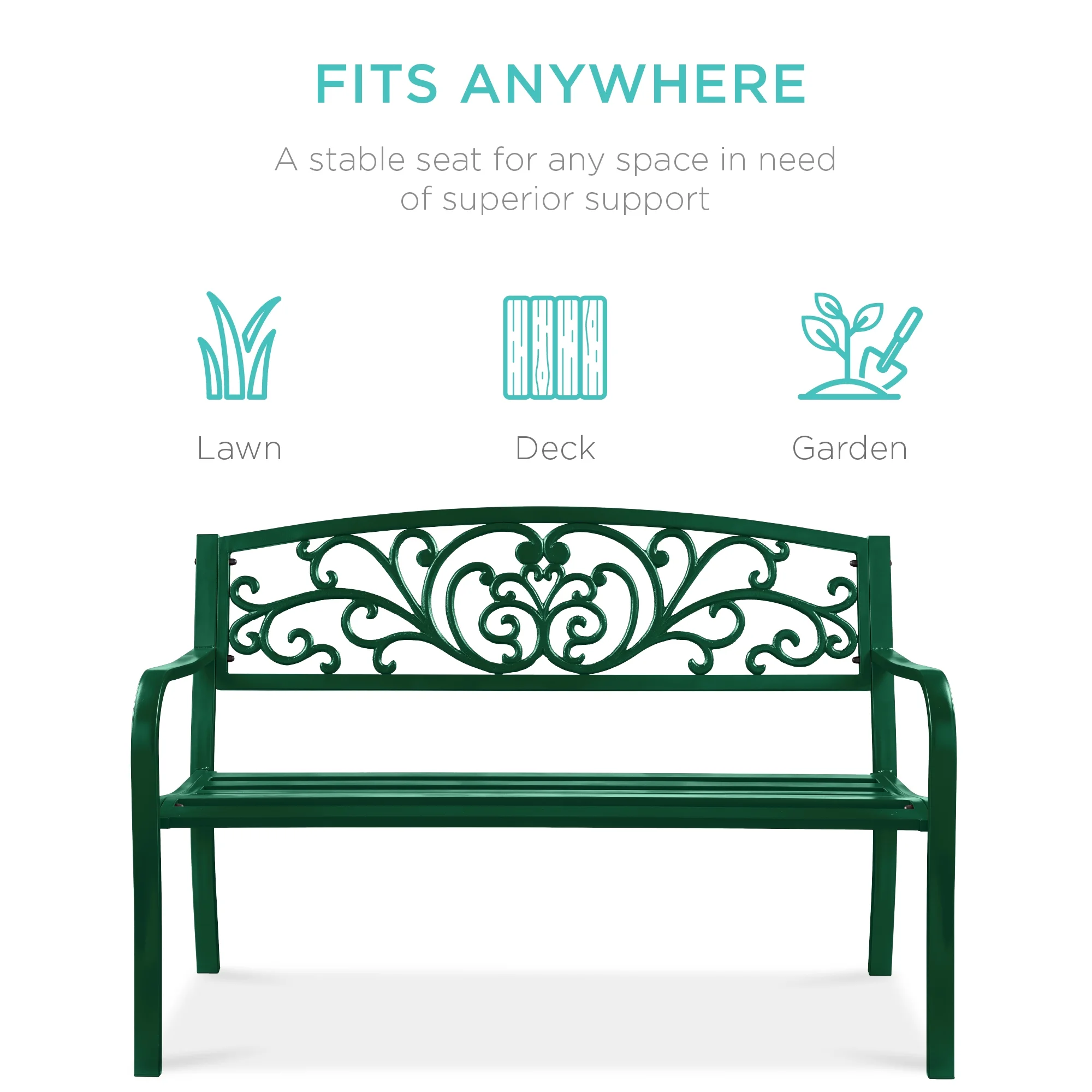 Best Choice Products Outdoor Steel Bench Garden Patio Porch Furniture w/ Floral Design Backrest - Black - Image 41