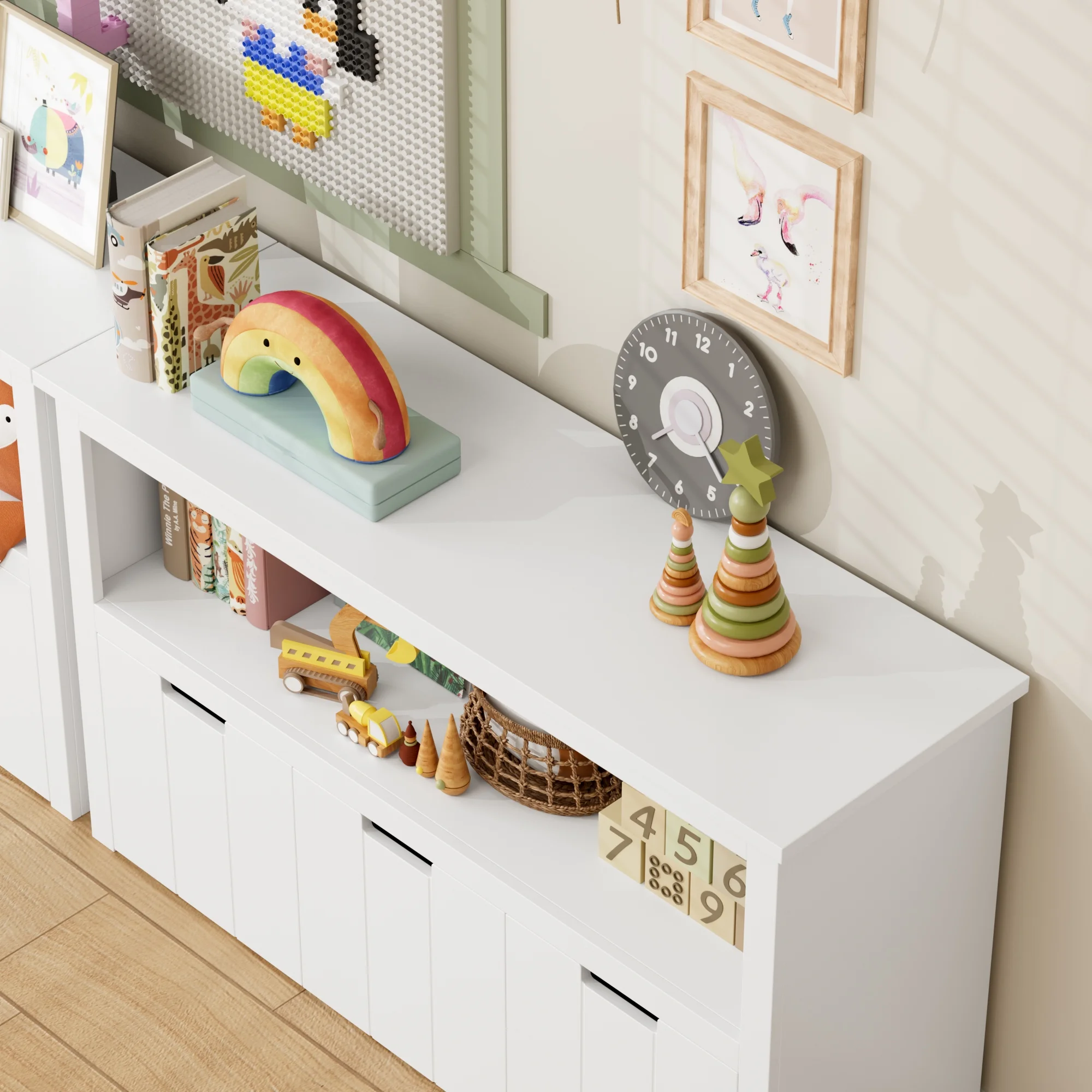Homfa Kids Toy Storage, Cubes Storage Bins with 3 Drawers, White Toy Box with Shelves and Wheels - Image 8