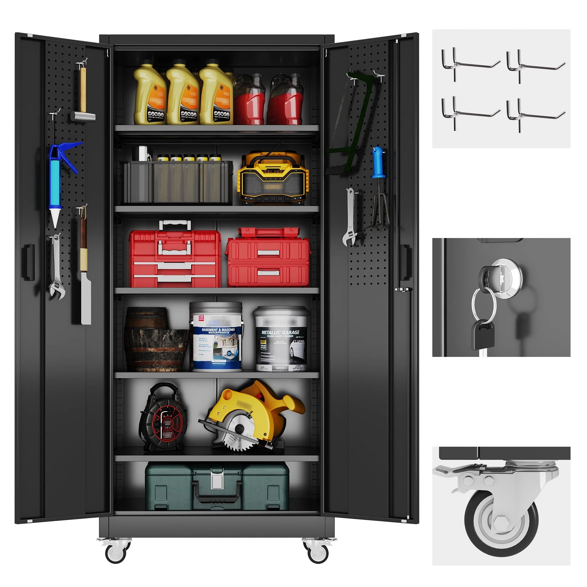 GangMei 71 inches Tall Metal Rolling Garage Storage Cabinets with Locking Doors and 5 Adjustable Shelves, Metal Storage Cabinet for Garage, Office, Home, Classroom, Assemble Required(Black) - Image 11