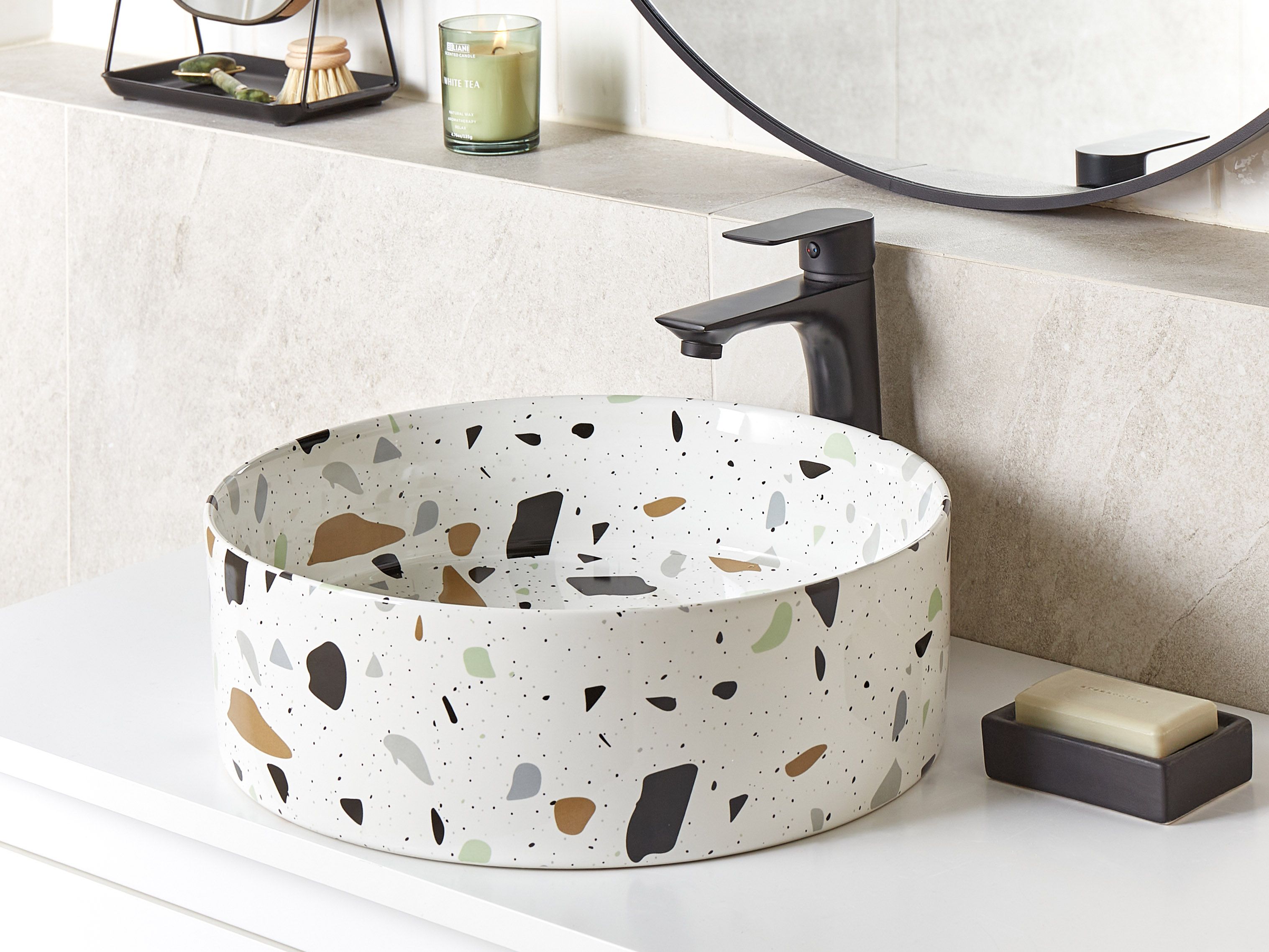 Countertop Basin NULES ⌀ 400 mm Ceramic White Terrazzo