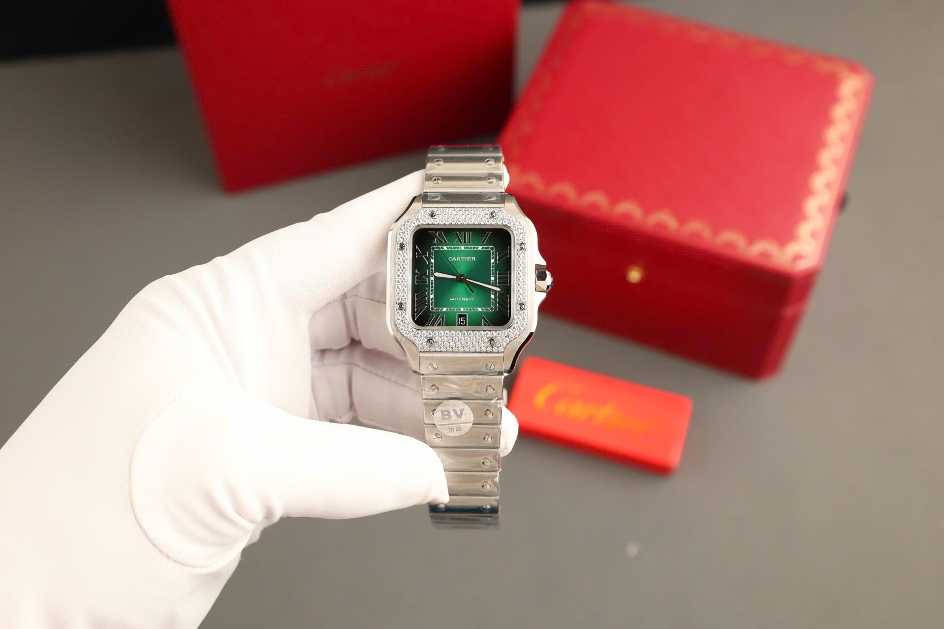 Cartier Santos Green Copies Watch Custom Diamonds Moissanite BV Factory 39.8mm - Top club